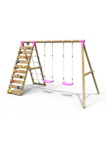 REBO Wooden Swing Set with Up and Over Climbing Wall - Ela Pink