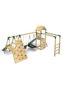 REBO Wooden Climbing Frame with Swings, 2 Slides, Up & over Climbing wall and Monkey Bars - Cairngorm