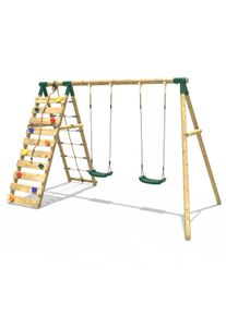 REBO Wooden Swing Set with Up and Over Climbing Wall - Ela Green