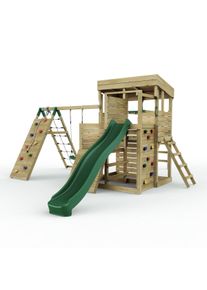 REBO 2 Tier XL Lookout Tower Playhouse with Single Swing and Monkey Bars plus Climbing Wall and Slide