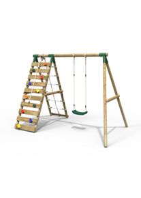 REBO Wooden Swing Set with Up and Over Climbing Wall - Aria Green