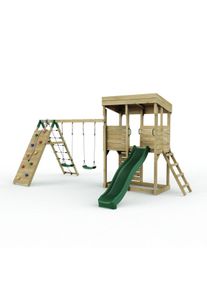 REBO XL Lookout Tower Playhouse with Double Swing and Climbing Wall plus Slide