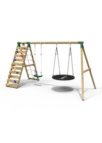 REBO Wooden Swing Set with Up and Over Climbing Wall - Vale Green