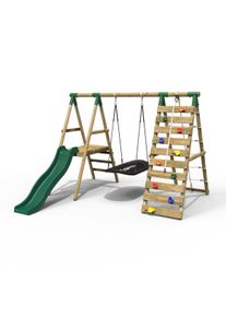 REBO Wooden Swing Set with Deck and Slide plus Up and Over Climbing Wall - Onyx