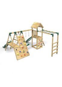 REBO Wooden Climbing Frame with Swings, 2 Slides, Up & over Climbing wall and Monkey Bars - Brecon
