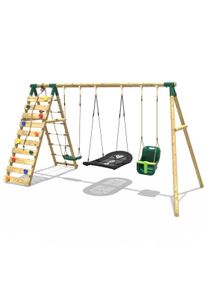 REBO Wooden Swing Set with Up and Over Climbing Wall - Skye Green