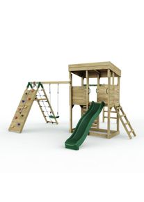 REBO XL Lookout Tower Playhouse with Single Swing and Monkey Bars plus Climbing Wall and Slide