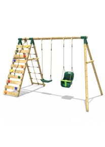 REBO Wooden Swing Set with Up and Over Climbing Wall - Kai Green