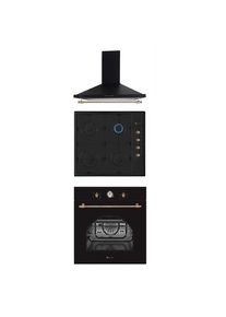 Pachet rustic incorporabil cuptor electric, plita gaz si hota decorativa Dolce Retro Black Studio Casa, Clasa energetica A, 6 functii, Grill, Ventilator, Gratare fonta, 1 motor turbo, Negru