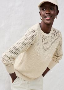 bonprix Sweter ażurowy z domieszką lnu, beżowy, 52/54
