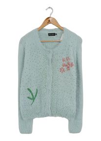 ZARA HOME Damen Strickjacke Gr. M/38/40 Blau Flauschig Stickerei Blumenmuster