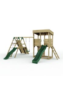 REBO XL Lookout Tower Playhouse with Single Swing and Climbing Wall plus Slides