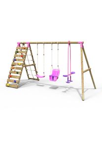 REBO Wooden Swing Set with Up and Over Climbing Wall - Sienna Pink