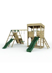 REBO XL Lookout Tower Playhouse with Single Swing and Monkey Bars plus Climbing Wall and Slides