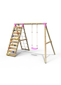 REBO Wooden Swing Set with Up and Over Climbing Wall - Aria Pink