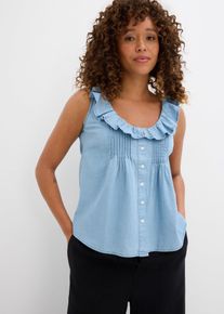 bonprix Mujer, Blusa vaquera de algodón orgánico, azul, 38