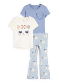 C&Amp;A Gatto e fiori-set-2 maglie a maniche corte e leggings svasati, Blu, Taille: 98