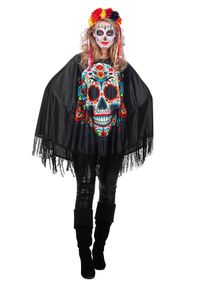 maskworld Dia de los Muertos Poncho mit Flower-Skull