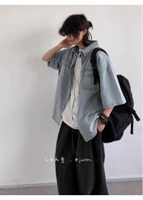 Summer Washed Vintage Pocket Short Sleeved Denim Shirt For Men And Women Workwear Shirt Outerwear Khaki Tank Top Vest Man