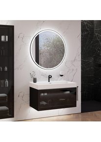 neoro n80 fumo Meuble bas l: 100 cm, avec 1 tiroir, façade en verre Parsol, avec miroir, vasque cube, BN0139WM+BN0433SG+BN0023MI,