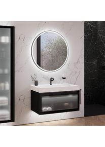 neoro n80 albus Meuble bas l: 100 cm avec 1 tiroir, façade en verre striée, avec miroir, vasque cube, BN0144WM+BN0433PG+BN0023MI,