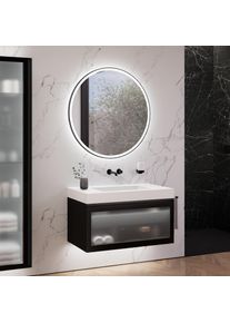 neoro n80 albus Meuble bas l: 100 cm avec 1 tiroir, façade en verre striée, avec miroir, vasque area, BN0159WM+BN0433PG+BN0023MI,