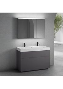 neoro n50 Meuble bas l : 120 cm, 2 tiroirs, vasque double blanc mat avec 2 trous perc&eacute;s, avec armoire de toilette,, BN0141WM+BN0444GR+BN0475MI,