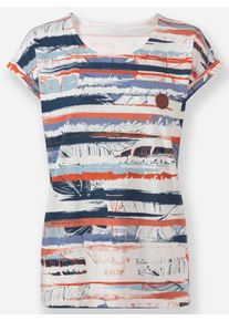 Dames Shirt met print met afgeronde zoom aan de voorzijde in donkerblauw/papaja bedrukt ,maat 38, WITT, 100% Katoen