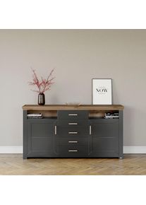 set one by Musterring , Sideboard »York«, Typ 55, mit viel Stauraum, im Landhaus-Stil, B 184 x H 95 cm , Grau / Eiche
