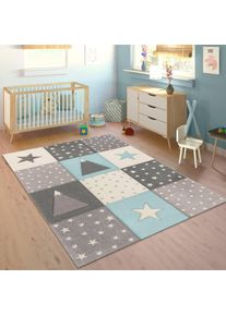 Paco Home , Kinderteppich »Cosmo 340« rechteckig 17 mm Höhe Kurzflor, Pastell-Farben, 3D Effekt, Motiv Berge, Punkte & Sterne , Blau ,...