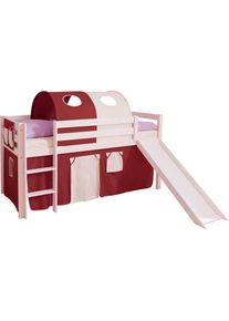 Ticaa, Hochbett &raquo;Manuel&laquo; mit Rollrost in verschied. Ausf&uuml;hrungen wahlweise mit Matratze, wei&szlig;, Kiefer massiv wei&szlig; + Braun-Beige, Mit Vorhang, Kiefer 