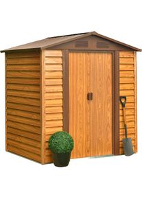 Pergart, Ger&auml;tehaus &raquo;Frankfurt II 65&laquo; Metall, mit Satteldach und integrierter Schiebet&uuml;r im Blockhausstil, holzfarben, Metall, holzfarben