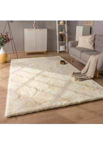 Paco Home, Hochflor-Teppich &raquo;Rabbit Deluxe 860&laquo; rechteckig 39 mm H&ouml;he Kunstfell, Uni-Farben, sehr weicher Flor, Wohnzimmer, Schlafzimmer, Creme, 