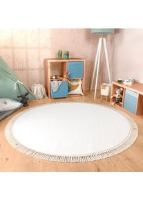 Paco Home , Teppich »Swindon 485«, rund, 12 mm Höhe, Uni Farben, sehr weicher Flor, mit Fransen , Creme , B: 100 cm Ø 100 cm 1 St.