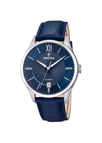 Festina, Herren, Quarzuhr Armbanduhr, Herrenuhr, Datum, Lederarmband, blau, blau, Klassische Herrenarmbanduhr