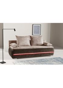 WERK2 , Schlafsofa »Tekla LED«, 2-Sitzer Schlafcouch mit Bettkasten & stylischer RGB-LED-Beleuchtung , grau/natur