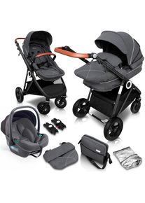 BABYGO , Kombi-Kinderwagen »Halime 3in1, grau/schwarz«, 22 kg, inkl. Babywanne, Babyschale, Regenhaube & Wickeltasche , grau/schwarz