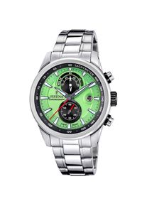 Festina, Damen, Chronograph &raquo;Timeless Chronograph&laquo; Quarzuhr, Armbanduhr, Herrenuhr, Edelstahlarmband, analog, Tag, silberfarben-hellgr&uuml;n, silberfarben