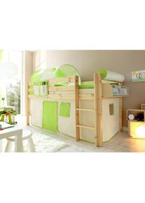 Ticaa, Hochbett &raquo;Malte&laquo; mit Rollrost und in verschiedenen Ausf&uuml;hrungen wahlweise mit Matratze, Kiefer massiv natur + Beige-Gr&uuml;n, Mit Vorhang, Kiefer 