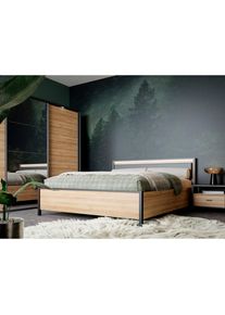 FORTE, Bettgestell &raquo;High Rock, Belastbar bis 240 KG&laquo; Liegefl&auml;che 160 cm x 200 cm, Kopfteil inklusive Beleuchtung, Schwarz / Riviera Eiche, Liegefl&auml;che