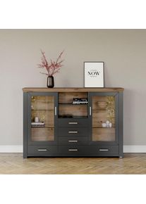 set one by Musterring, Highboard &raquo;York&laquo; Typ 56, mit Glast&uuml;ren, Beleuchtung optional, B 184 cm, Grau / Eiche, MDF, B/H/T: 184 cm x 127 cm x 44 cm, Grau