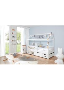 Ticaa, Hausbett &raquo;Traumhaus&laquo; Hausbett, inkl. Schubkasten, Rollrost und Matratze, Kiefer massiv wei&szlig;, Liegefl&auml;che L&auml;nge Breite: 200 cm x 90 cm, Kiefer 