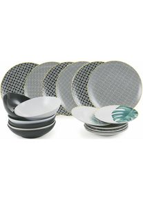Villa d'Este , Teller-Set »Geschirr-Set Urban Jungle«, (Set, 18 tlg.), Service, Tafelservice, 18 Teile, für 6 Personen , schwarz/weiß/gelb/grün
