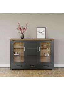 set one by Musterring, Highboard &raquo;York&laquo; Typ 57, mit Glast&uuml;ren, viel Stauraum, Beleuchtung optional, B 184 cm, Grau Anthrazit, B/H/T: 184 cm x 127 cm x