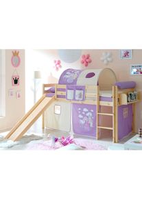 Ticaa, Hochbett &raquo;Manuel&laquo; Rollrost und Textil-Set wahlweise mit Matratze, Kiefer massiv natur, Kiefer massiv natur + Prinzessin, Lila, Mit Vorhang, 