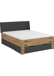 Rauch, Stauraumbett &raquo;Birmingham&laquo; mit Polsterkopfteil in Lederoptik, eichefarben artisan/graumetallic + Lederoptik black, Liegefl&auml;che L&auml;nge Breite: 200