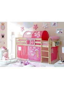 Ticaa, Hochbett &raquo;Malte&laquo; mit Rollrost und in verschiedenen Ausf&uuml;hrungen wahlweise mit Matratze, Kiefer massiv natur + Prinzessin, Pink, Mit Vorhang, 