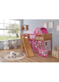 Ticaa, Hochbett &raquo;Ekki&laquo; mit Rollrost und Textil-Set wahlweise mit Matratze, Buche, Buche natur lackiert + Prinzessin, Pink, Mit Vorhang, Tunnel und 