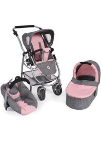 Bayer Chic 2000 CHIC2000, Kombi-Puppenwagen &raquo;Emotion All In 3in1, Grau-Rosa&laquo; inkl. Babywanne, Babyschale und Sportwagenaufsatz, Melange grau-rosa, Kombi-Puppenwagen