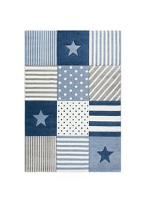 my home , Kinderteppich »Stern« rechteckig 13 mm Höhe Kurzflor, handgearbeiteter Konturenschnitt, Patchwork, Pastell-Farben , blau , Obermaterial:...